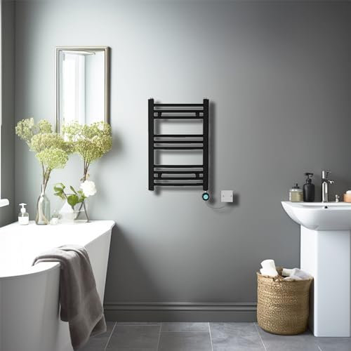 NRG Prefilled Curved Electric Heated Towel Rail Radiator Black Thermostatic Bathroom Warmer with LCD Display 600x400mm - 200Watt