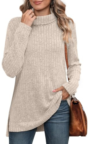 WIHOLL Womens Tops Fall Fashion 2026 Pullover Sweaters Long Sleeve Turtleneck Tunics Winter Clothes Plus Size Women's Clothing Warm Soft Oatmeal XL
