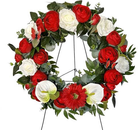 HENOMO Cemetery Wreaths Decoration - Headstone Wreaths with Rose Camellia Daisy for Graves on 30 inch Tall Easel Stand, Spring Wreath for Front Door Decoration