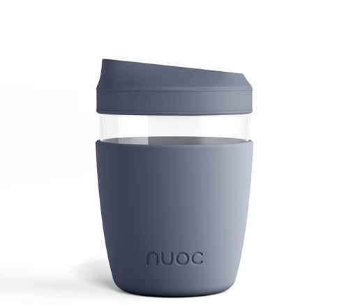NUOC Taza de café para llevar reutilizable, vaso de cristal para café o té con tapa hermética a prueba de fugas con funda de silicona, taza de viaje - Bebidas Frías y Calientes, sin BPA (Azul Noche)