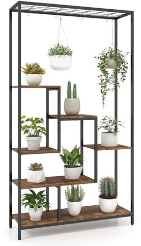 COSTWAY 6-tier Tall Plant Stand, 180cm Metal Indoor Flower Pots Rack with 10 Hanging Hooks & Wire Shelf, Multipurpose Plant Display Holder Storage Organizer for Patio Garden Balcony (Black + Brown)