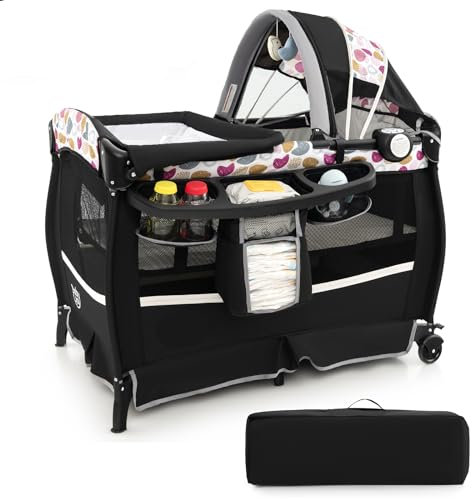 GYMAX 4 in 1 Folding Travel Cot, Portable Baby Bed Playard with Adjustable Canopy, Changing Table, Music Box, Mattress & Storage Rack, Infant Bassinet Nursery Center for Newborn (Black+Dot)
