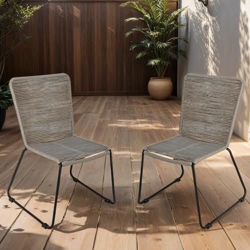 Loreno 2er Set Outdoor Seilstuhl ISRA – Stapelbare Gartenstühle mit Grauer Seilbespannung aus Polyester & schwarzem Eisen-Gestell – Modernes Rope Chair Design für Garten, Balkon & Terrasse, Grau