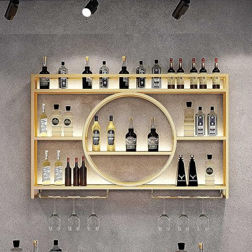 ASumPio Weinregal Aus Eisen Mit Glashalter, Weinregal-Palette, Stilvolles Wand-Weinregal Für Die Bar, Platzsparendes Küchenregal Und Hängender Weinglas-Organizer (Gold 140 X 15 X 80 cm)