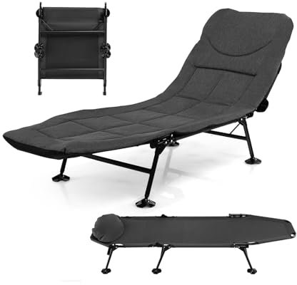GYMAX Lit de Camping Pliable avec Oreiller Amovible, Dossier Réglable en 5 Positions, Matelas Confortable, Chaise Longue Portable pour Pique-Nique, Randonnée, Plage, Charge 200 KG (Gris)