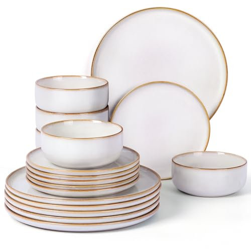 Homikit Geschirrset 6 Personen, 18-tlg Steinzeug Geschirr Set, Reaktive Glasur Tafelservice Essgeschirr mit Schüssel- und Teller Set, Kratzfest, Mikrowellenfest & Spülmaschinenfest, Jupiter Beige