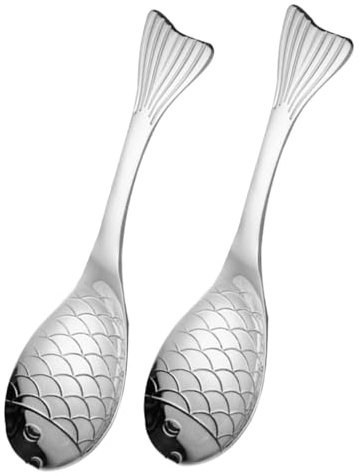 CIYODO 2pcs Fish Shaped Spoons Stainless Steel Soup Spoons Large Serving Cutlery for Chinese Ramen Dumpling Desserts Grains Porridge Dessert Cereal Rice