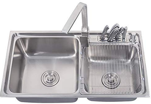 Double Bowl Stainless Steel Kitchen Sink Faucet Strainer Knife Rack Combo with Drainer Waste Plumbing Pipes Undermount Drop-in Installation Inset,Dish Drainer Basket (Size : 780x43