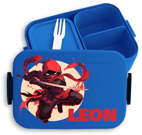Kinder Bento Box Midi Lunchbox für Mepal Bentobox - Ninja mit Name personalisiert I Schulkind Geschenk Schule - 900 ml - Blau - schulbrotdose junge brotbox brotdose fächern jungen schwarz