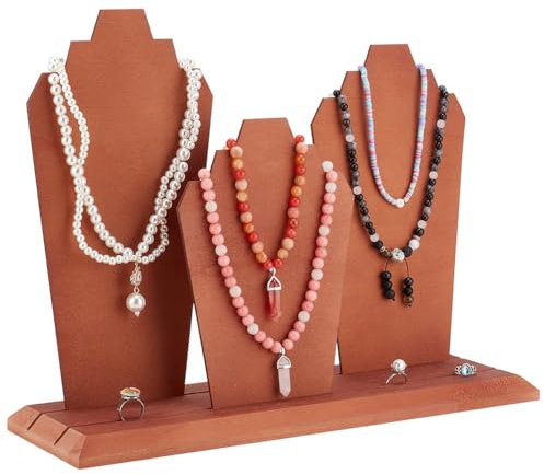 PH PandaHall Espositore per Collane In Legno, Organizzatore Porta Gioielli A 3 con Espositore per Gioielli con Cavalletto Busto A 3 pannelli per Mostrare La Collana, Casa, Vendita, Marrone Scuro