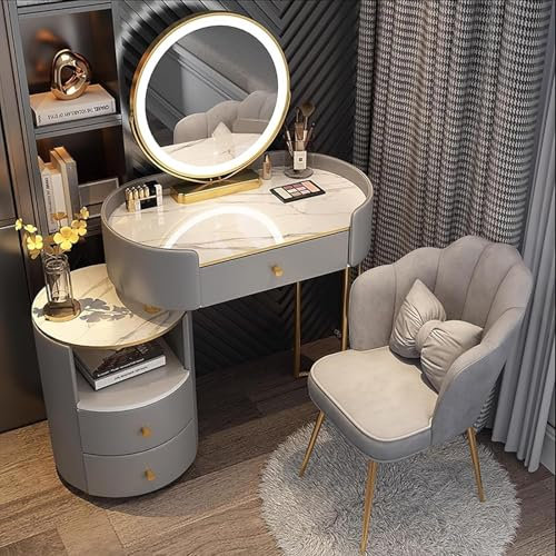Vanity Dressing Table with Mirror and Stool - Adjustable Brightness Grey Makeup Desk with Drawers - For Girls/Women Bedroom - Small Dresser Set