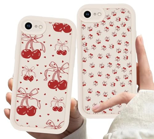 Zrutru 2 Pack Beige Phone Case for iPhone SE 2022/SE 2020/8/7 4.7,Cute Cherry Aesthetic Cases Kawaii Bow Design Pattern Cover for Girls Women,Soft Anti-Scratch Shockproof Protection SE 2022/2020