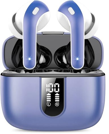 Auriculares Inalámbricos Bluetooth,Auriculares Bluetooth 5.3, 4 Mic con Reducción de Ruido ENC, 50H con Graves, Cascos Inalambricos Bluetooth IP7 Impermeable, Azul Claro y Negro