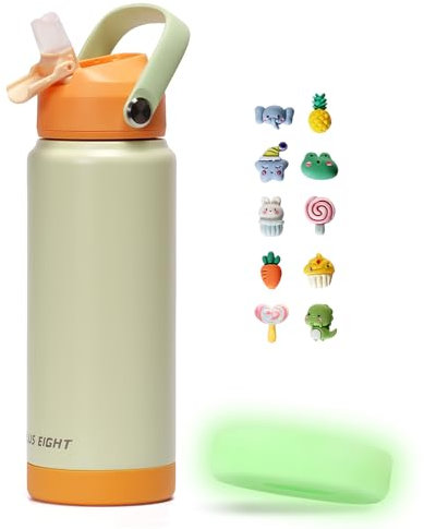 pluseight 750ml/24oz Water Bottle with Straw Lid, Stainless Steel Water Bottle Wide Fluorescent Coaster for Sports, Gym or Office, BPA-Free Keep Cold 24H Hot 12H (Green)