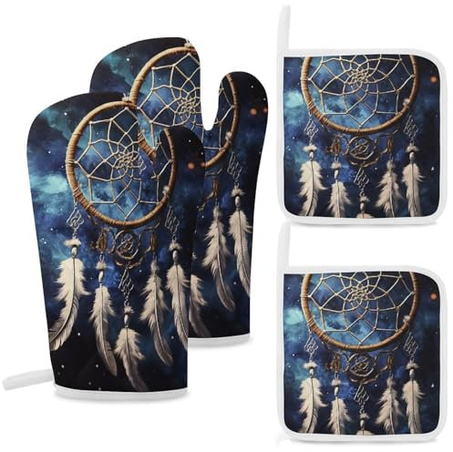 Oven Mitts and Pot Holders Set White Fantasy Dream Catcher Kitchen Oven Glove High Heat Resistant for Baking Cooking