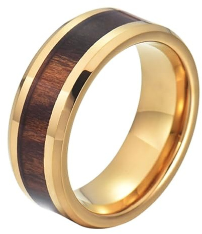 Calefee Ringe Frauen Verlobungsring, Ringe Edelstahl Männer Eheringe Wolfram Bandring Gold Breit 8 mm mit Holz, Größe 47 bis 72