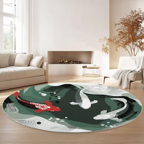 Generisch Runder Teppich 100 cm Grün Grau Waschbar Kurzflor | Abstrakter Teich Fische, Rutschfest, Wohnzimmer, Pflegeleicht für Schlafzimmer Esszimmer Kinderzimmer