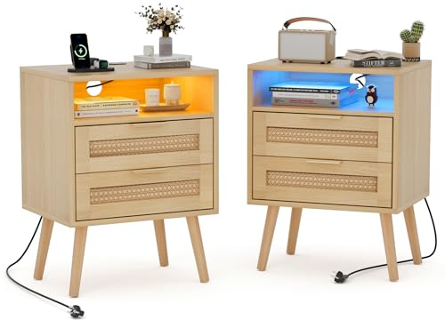 BonVache Juego de 2 Mesitas de Noche, con iluminación LED y enchufes, Color Ajustable, Espacio Abierto y 2 cajones Decorados de ratán, piernas de Madera Maciza, para Dormitorio, Salón