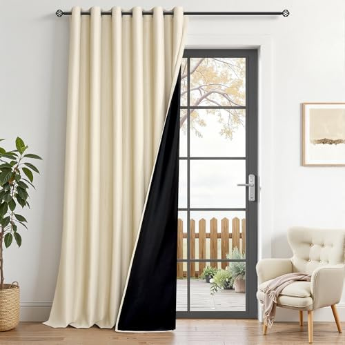 MRTREES 1 Pièce Rideau Occultant Thermique Isolant Anti Froid et Chaleur 100% Bloquer Lumière Grande Largeur 200x245 CM, Double Rideaux Beige Opaque Anti-UV à Oeillets pour Porte Salon Chambre