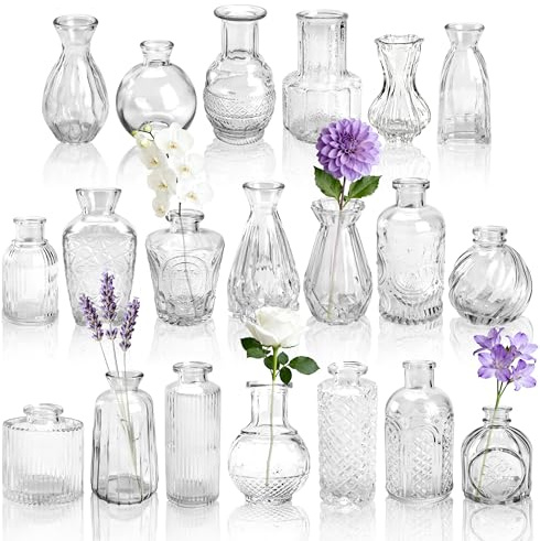 BTSD-home 20 Stück Kleine Vasen für Tischdeko zur Hochzeit Deko | Klare transparente Glasoptik Vintage inspiriertes Design Eventplaner Großpack Wiederverwendbare für Partydekoration