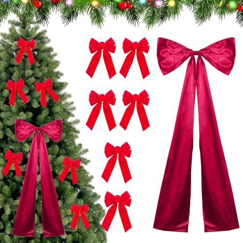 7 pezzi di decorazioni per albero di Natale con fiocco, fiocco rosso in velluto per Natale, puntale per albero di Natale regalo decorazione natalizia, fiocchi natalizi per albero di Natale a ghirlanda