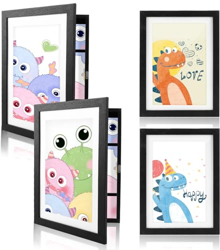 LDXDRU 4 Stück Bilderrahmen Kinderzeichnungen A4, Frontöffnung Bilderrahmen Wechseln Kinderzeichnungen, A4 Aufklappbar Bilderrahme für Kinderbilder Befüllbarer Fotorahmen, Schwarz
