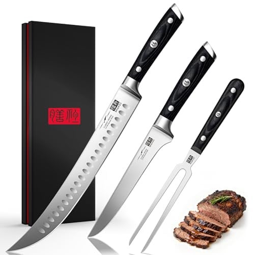 SHAN ZU Set Couteaux à Découper 3 Pièces pour BBQ & Dinde – Couteau à Découper 30 cm, Couteau Désosseur, Fourchette à Viande – Acier Inox 5Cr15MoV, Manche Bois Pleine Soie avec Étuis