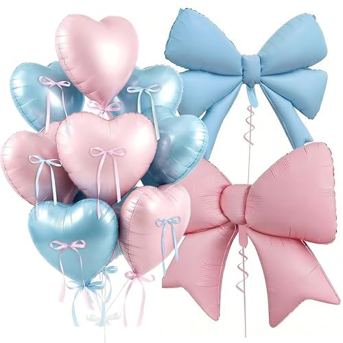 Party Deko Herz Luftballons & Schleifen Set Herzluftballons Schleifenballons Schleife Deko für Babyparty Gender Revael Geburtstag Deko Hochzeit Verlobungsfeier Valentinstag Dekoration (Rosa & Blau)