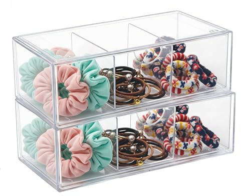 Punorric 2-Piece Stackable Hair Accessories Organiser - Clear Girls Storage Box with Drawers, Dustproof Hairband Storage & Hair Accessory Box for Vanity/Bathroom/Office (20.5x10x7cm)