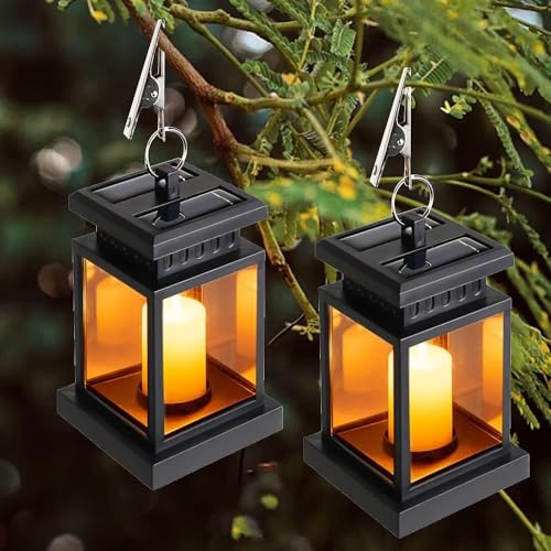 SKIKHN Solar Laterne Außen mit LED Kerze,2 Stück Solarlaterne für Außen,IP65 Wasserdicht Hängend Solarlampen Garten,LED Kerzen Laternen mit Clips für Balkon Patio Garten Terassen Deko,Grab
