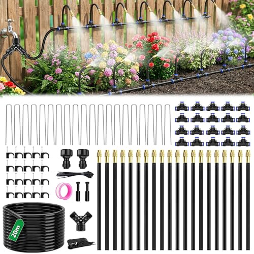 Sistema de riego de jardín de 20 m, manguera de riego automático a 360 ° con 20 boquillas de pulverización ajustables, sistema de refrigeración por niebla para invernadero, césped, terraza, riego de