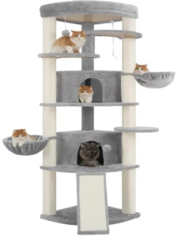 Gitelsnour Corner Cat Tree for Indoor Cats, Cat Tower with All Sisal Scratching Posts, Multi-level Cat Condo wth 2 Large Cat Caves, Big Top Perch, 2 Hanging Baskets, Sisal Ramp, Light Gray GCT035W