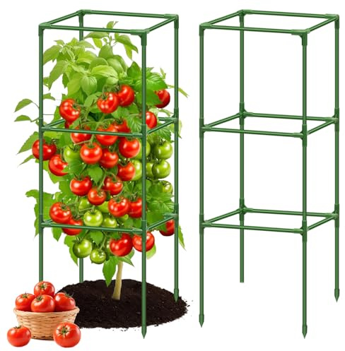 Riare Tomaten Rankhilfe bis 120 cm, 2 Stück für Hochbeet und Topf | Quadratische Rankhilfe mit Stahlkern, Erdspießen und Pflanzenbindern; ideal für Tomaten, Gurken, Paprika, Hochbeet und Topf