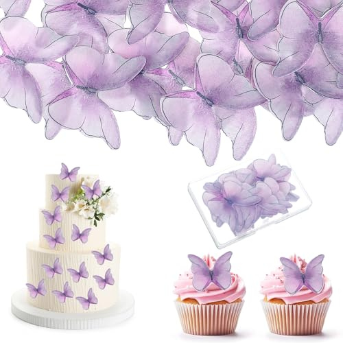 Cobee 48 Stück Essbare Schmetterlinge für Torte, Essbar Cupcake Toppers Essbare Schmetterlinge Tortendeko Kuchen Deko Torte für Mädchen Geburtstag Hochzeit(Lila)