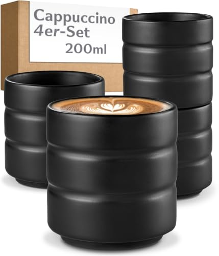 Cosumy 4er Cappuccino Tassen Set Schwarz - 200ml Kaffee Tasse aus Keramik | Stapelbar - Cappuccinotassen ohne henkel - Spülmaschinen- & mikrowellenfeste Kaffeetassen mit Streifenmuster