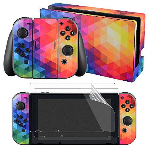 eXtremeRate Aufkleber Sticker Skin Decal Folie Abziehbild Faceplates Kleberfolie mit 2 Displayschutzfolie für Nintendo Switch/NS Konsole&Joy-Con&Dock&Griff(Buntes Dreieck)