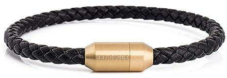 Akitsune Silva Lederarmband Magnetischen Verschluss | 5mm | Armschmuck Damen Herren Edelstahl Schlichtes Armband - Gold - Schwarz 19,5cm