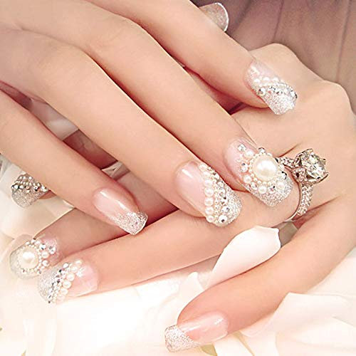 Fairvir Faux Ongles Bling Strass Perle De Soleil Faux Ongles De Mariage Fête D'anniversaire Ongles En Acrylique pour Femmes Et Filles