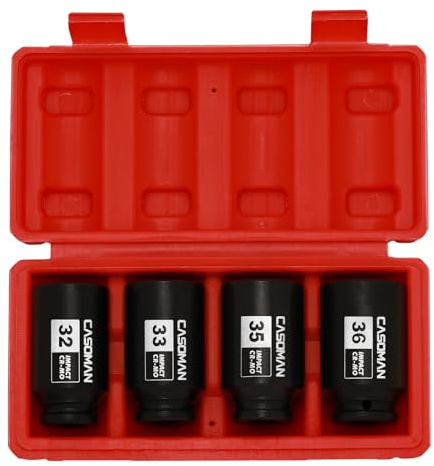 CASOMAN 1/2'' Drive Deep Spindle Axle Nut Impact Socket Set, 6 Point, CR-MO,32,33,35,36mm, 4PC 1/2-Inch Impact Socket Set, Heavy Duty Use In Removing And Installing Axle Nuts