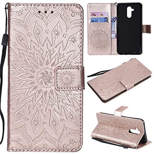CHcase Cover per Huawei Mate 20 Lite Custodia di Pelle Case Flip Portafoglio Retro Libretto Magnetico Protettiva Non Graffi Funzione Supporto Bumper Fiore Girasole per Huawei Mate 20 Lite - Oro Rosa