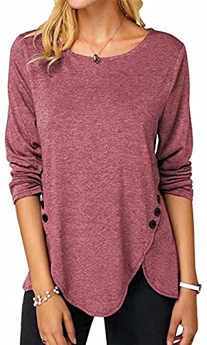 ASKSA Femme T-Shirt à Manches Longues Chemise à Col Rond Tops Lâche Long Tshirts Blouse Tunique avec Boutons