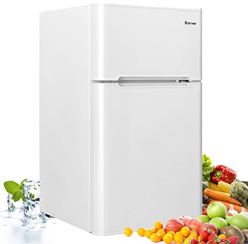 COSTWAY Réfrigérateur à Double Porte 90 L, Réfrigération Rapide, Économie d'énergie, Réfrigérateur en Métal avec 7 Niveaux de Température, 48,5 x 49,5 x 86 cm (Blanc)