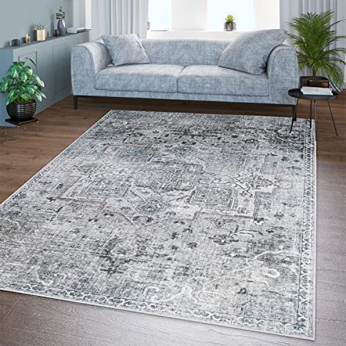 TT Home Wohnzimmer Teppich Flachgewebe Marokkanisch Design Used Look Ornamente Waschbar, Farbe: Grau 3, Größe:140x200 cm