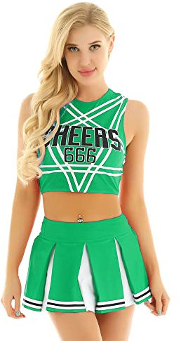FEESHOW Damen Cheerleading Kostüm Sexy Cheerleading Rock Oberteil Pumpons High School Musical Outfit Karnevalskostüm Party Tanzkleidung Grün XL