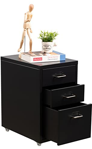 HollyHOME 3-Drawer Mobile File Cabinet, Office Filing Cabinets, Under Desk Rolling Filing Organizer, Metal Storage Cabinet with Casters for Home and Office, Black