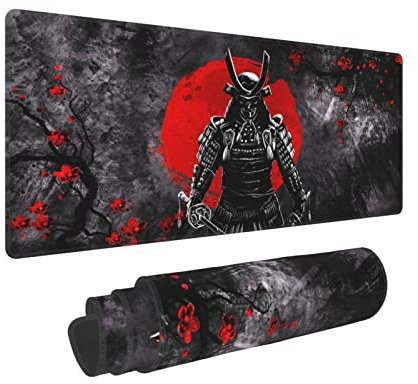 Japanese Sakura Samurai Gaming Mouse Pad 31.5 × 11.8 × 0.12 Inch Extra Large Keyboard Mouse Mat XL Non-Slip Rubber Base Personalized Desk Pad for Home Computer Office Laptop