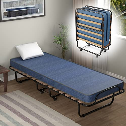COSTWAY Klappbett für Einzelpersonen für Erwachsene, 80 x 190 cm, mit orthopädischer Matratze aus Memory-Schaum, 6,5 cm, Belastung 130 kg, klappbares Gästebett, 4 Rollen und Lattenrost mit 15