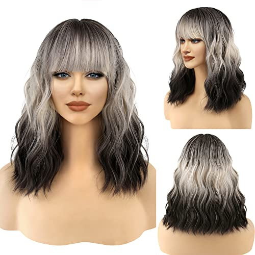 FAELBATY Kurze schwarze Ombre Weiß Blonde Perücke Kurze Bob Kopf Perücke für Frauen mit Pony Schulterlang Synthetische Cosplay Party Perücke Kostümperücke für Mädchen (12 Inches, 60R)