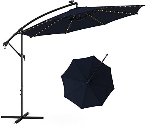 GOPLUS Parasol Déporté avec 112 Lumières LED, Parasol de Jardin Exterieur avec Manivelle, Protection Solaire, Parasol Inclinable Suspendu pour Patio, Cour, Terrasse, Base None Incluse (Bleu)