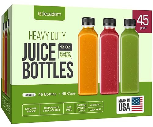 DECADORN Saftflaschen aus Kunststoff mit Kappen, 340 ml, hergestellt in den USA, wiederverwendbar, Saftbehälter für Kühlschrank, bruchsicher, BPA-frei, auslaufsicher, Einweg- und recycelbar, 45 Stück